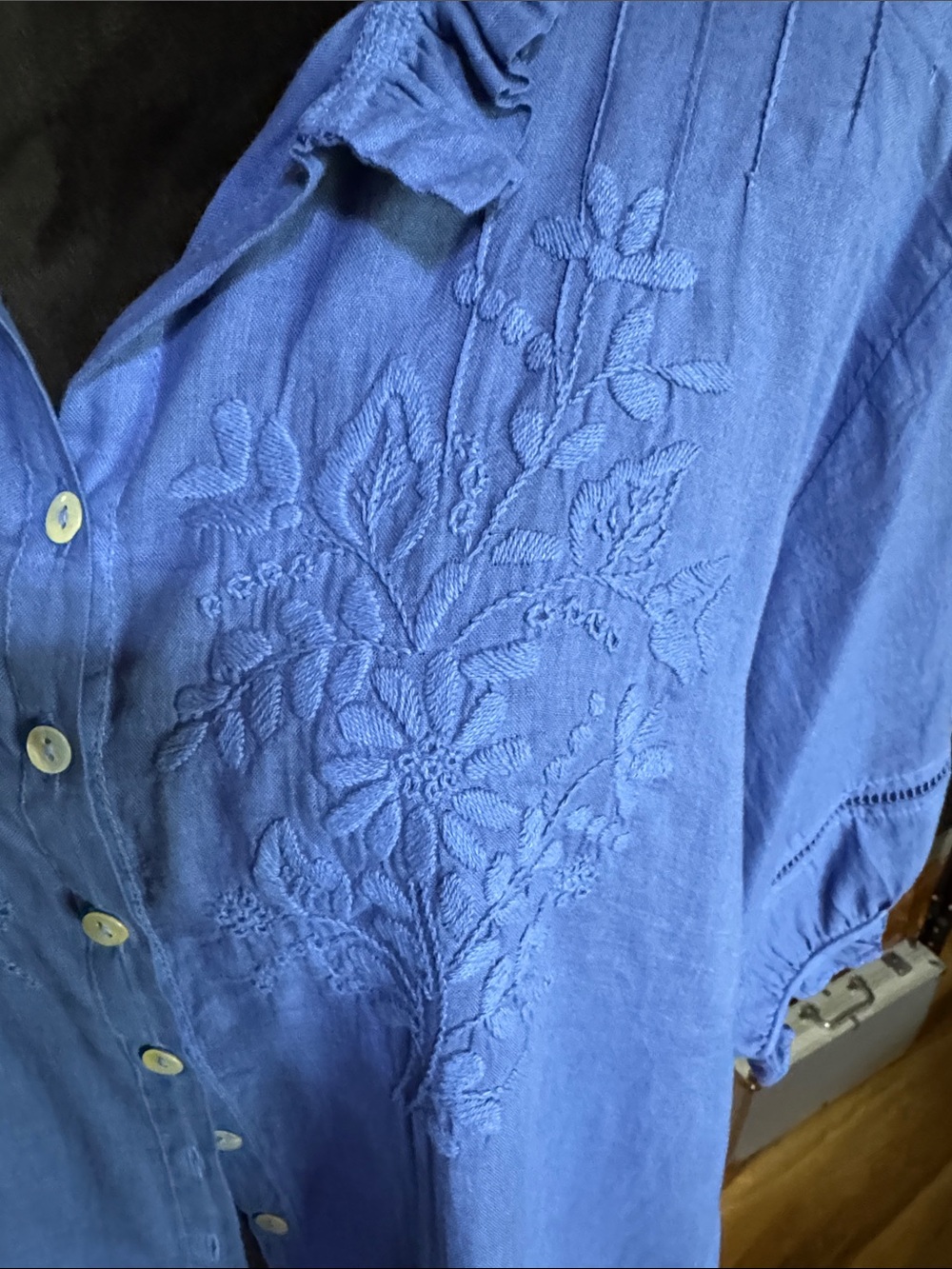 JP and Mattie Blue Embroidered Ruffle Collar Button-Up Top - Picture 4 of 5